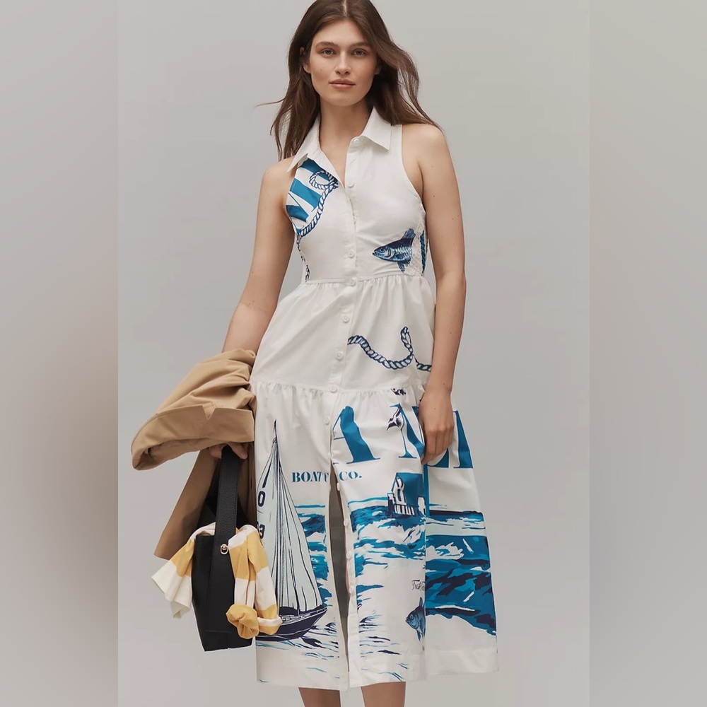 Maeve Sleeveless Nautical Sea Midi Shirt Dress - Picture 3 of 12